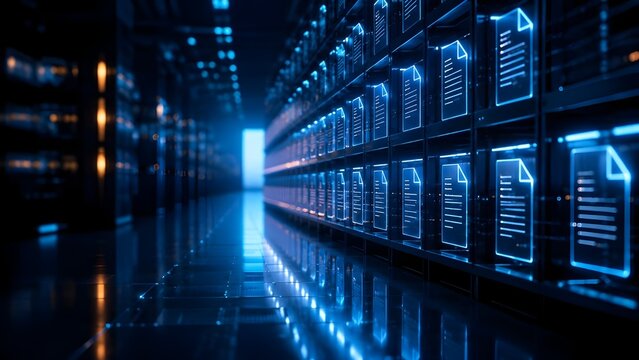 Futuristic server room with glowing blue digital document icons floating in front of data racks representing cloud storage and secure information archive