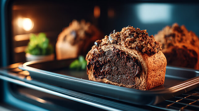 Freshly baked chocolate babka loaf on a baking sheet inside an oven with baked goods