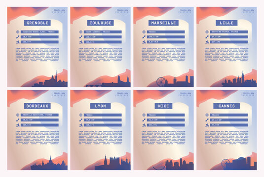 France vector pack with infographics layouts, posters, flyers. Graphic template with data about Lyon, Marseille, Lille, Toulouse, Bordeaux, Grenoble, Nice for web page, travel guide, cover, print