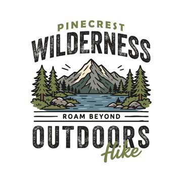 Vintage Pinecrest Wilderness Outdoors Hike Logo Badge with Mountain and Forest Lake Illustration