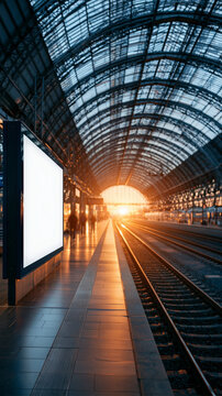 Train Station Sunrise: A dramatic sunrise casts a warm, golden light across the vast, arched roof of a modern train station, illuminating the empty tracks and a blank billboard.