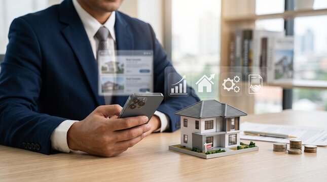 Businessman using smartphone app for real estate searching, virtual holographic screen overlay, model house on office desk