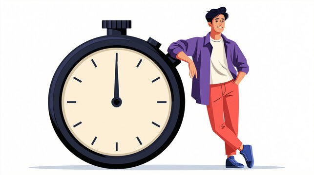 Time Management Master: A confident young man stands beside a large, classic stopwatch, embodying punctuality and efficient time management in a modern setting.