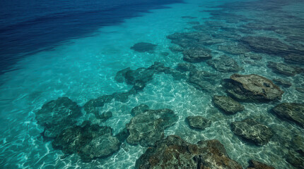 Fototapeta premium Aerial view of tropical reef beneath transparent turquoise water