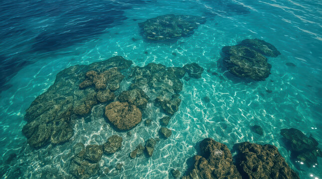 Aerial view of tropical reef beneath transparent turquoise water, lucid realism