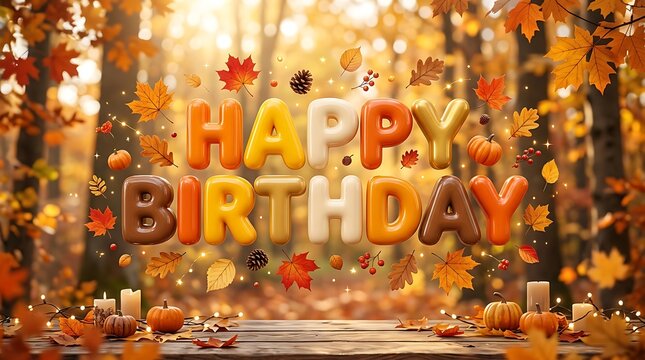 Happy birthday text with colorful autumn leaves in forest