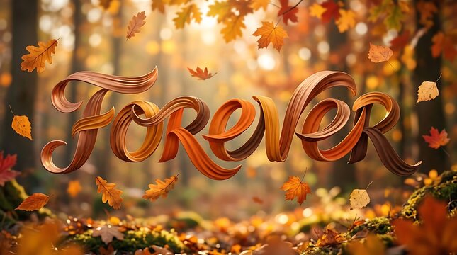 Forever text written with autumn leaves in a fall forest