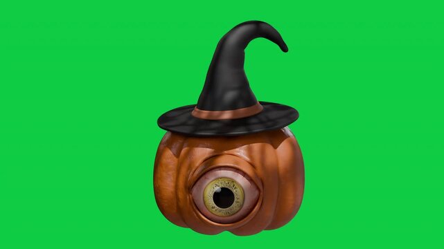 Creepy Halloween pumpkin wearing a black witch hat with a large single eyeball on solid black background, 4K 3D animation of spooky witch cyclops monster jack-o-lantern for October 31 horror promo