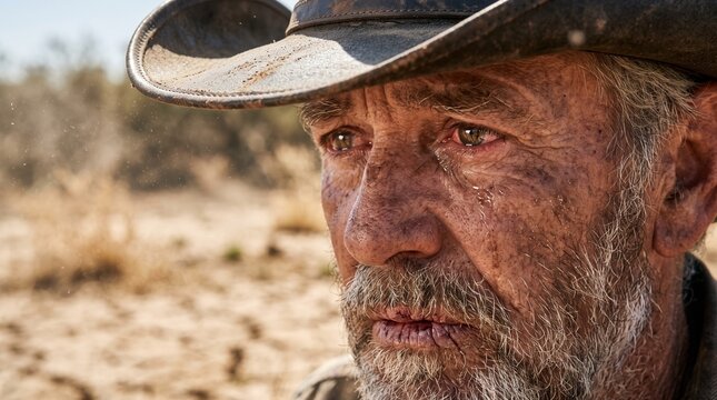 Close Up Portrait of an Elderly Weathered Cowboy Wearing a Hat with Tearful Eyes in a Dry Arid Desert Environment