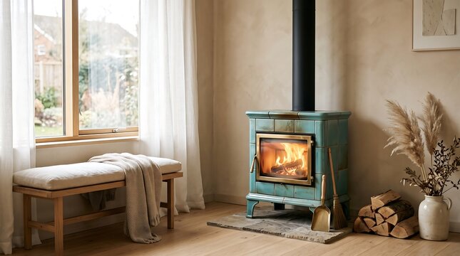 Cozy Living Room with Green Wood Burning Stove, Rustic Fireplace and Stacked Firewood, Wooden Bench with Blanket, Warm Autumn Interior Home Decor Scene