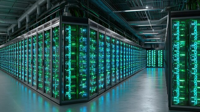 Sustainable cryptocurrency mining facility, modern server racks powered by renewable energy infrastructure,