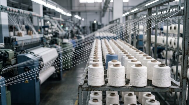 Industrial textile factory machinery with spools of white and blue yarn spinning threads textile manufacturing thread production spinning mill fabric production