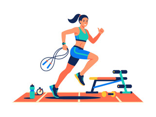 Naklejka premium Dynamic Fitness Woman Running With Jump Rope And Gymnastic Equipment