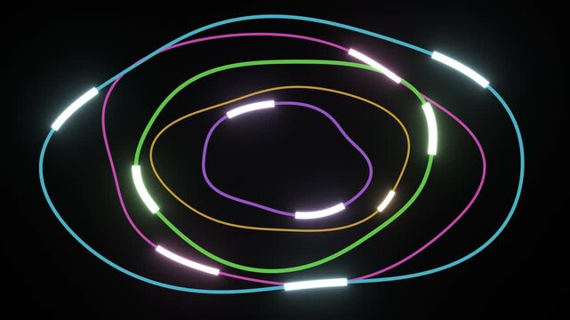 Colorful neon light pulses racing along glowing circuit tracks seamless loop 4K tech background