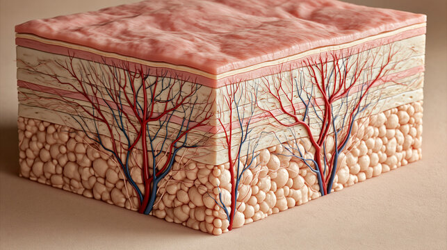 Cross-section of Human Skin Anatomy: A detailed anatomical model illustrates the layered structure of human skin, revealing subcutaneous fat tissue, blood vessels, and dermal papillae.