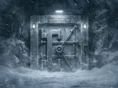 Heavy steel doomsday vault door secured deep into a harsh frozen mountain