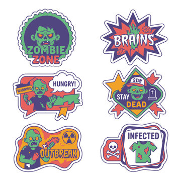 Cartoon zombie apocalypse survival stickers and warning badges set.