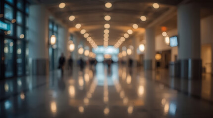 Fototapeta premium Blurred convention center hallway with modern architecture and warm lighting