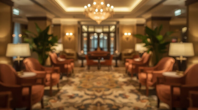 Blurred hotel lounge with elegant furniture silhouette and warm chandelier lighting