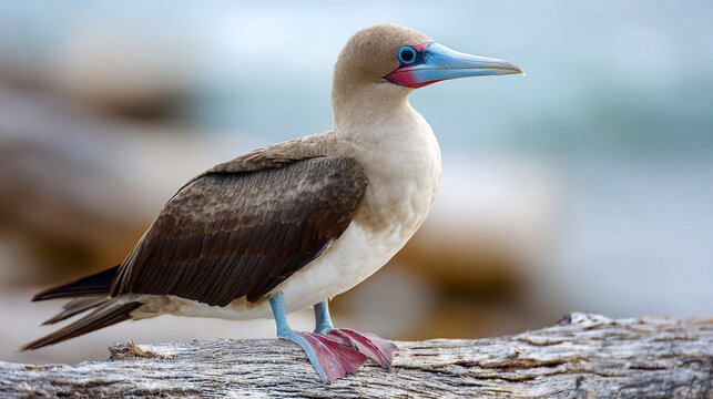 Red-footed booby bird with vibrant blue bill and pink webbed feet captured in sharp profile view