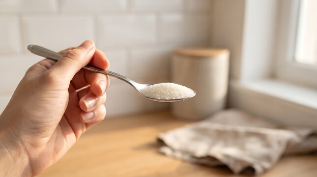 Hand holding silver spoon filled with white granulated sugar in kitchen setting with wooden countertop and blurred ceramic jar against white tiled wall in background.