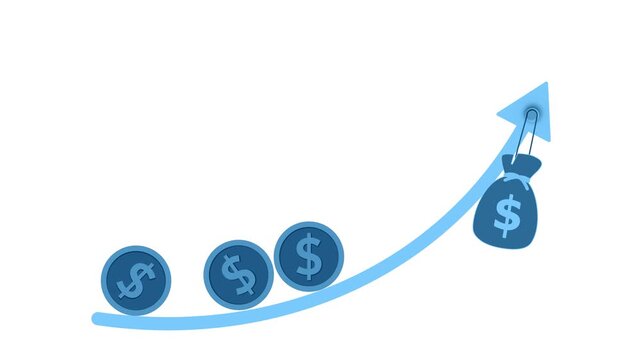 Upward financial growth arrow with coins animation, Arrow graph with three gold coins and a money bag animated