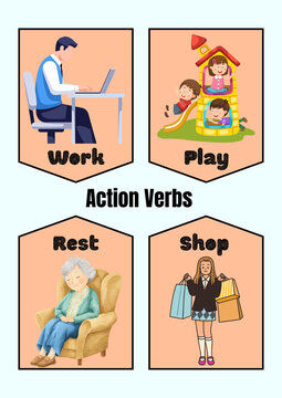 Educational action verbs flashcards for kids. Illustrated vocabulary set with work, play, rest, and shop activities. Preschool learning poster.