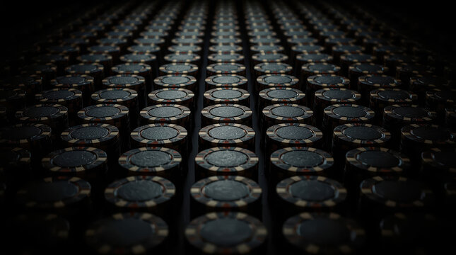 Casino chip row in dark studio lighting creates precise geometric pattern