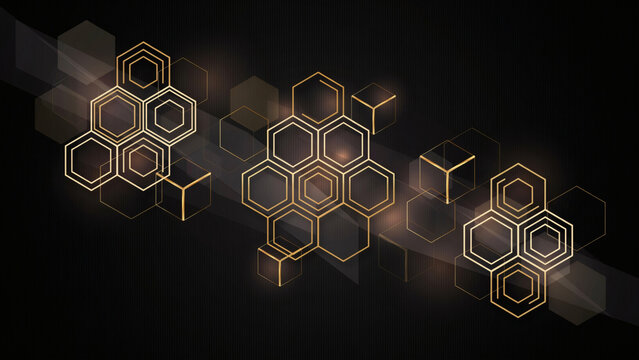 Abstract Gold Hexagonal Geometric Pattern with Glowing Light Effects on Dark Background for Modern Tech Design