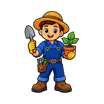 Gardener illustration holding a trowel and potted plant for gardening, landscaping, and plant care services