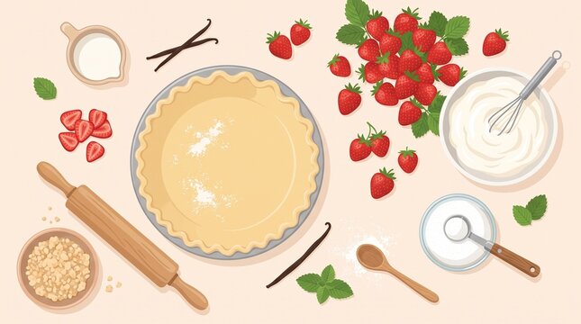 Strawberry Pie Baking Ingredients Flat Illustration Vector Graphic