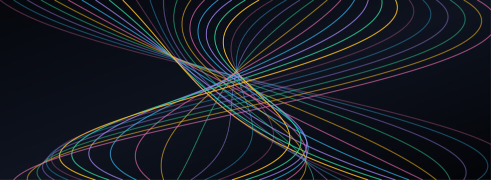 Abstract glowing hourglass particle lines curve background, futuristic data intersection node and quantum wave network concept