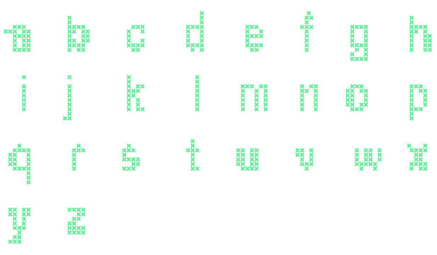 Cross stitch alphabet font set with lowercase mint green pixel letters a to z isolated on white background for embroidery design and handmade craft projects