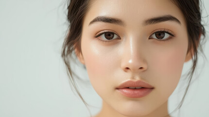 Fototapeta premium Asian teenage girl with natural makeup and calm expression in close up portrait