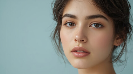 Fototapeta premium Close up Asian teenage girl face with natural makeup and calm expression