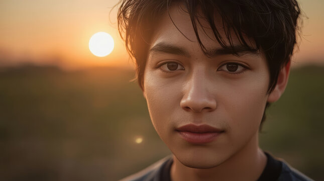 Asian teenage boy face portrait at sunset with relaxed confident expression