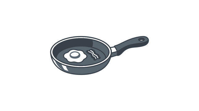 Frying pan contains a freshly cooked egg and crispy bacon for a classic breakfast meal preparation.