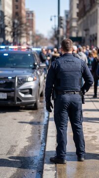 A police officer stands watch on a wet city street, his back to the camera, beside a patrol car with flashing lights, amidst a crowd of people.