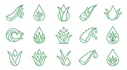 Fototapeta premium Collection of stylized green line art icons featuring aloe vera plants, water droplets, and waves, representing natural ingredients and hydration.