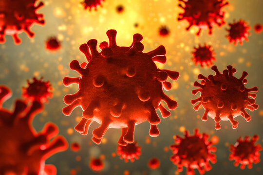 Closeup of red virus cells falling