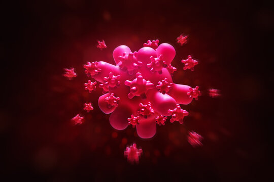 Red virus cells spreading on dark background
