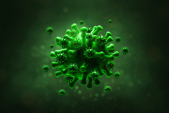 Green virus cells spreading on dark background