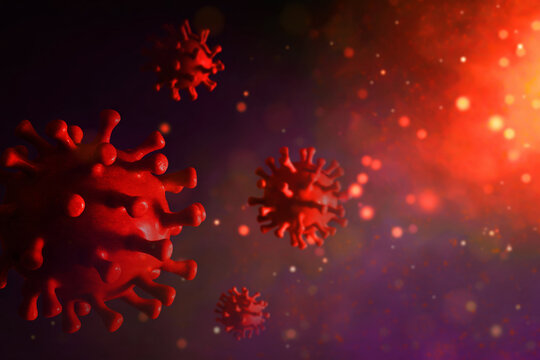 Red virus cells on dark smoke background