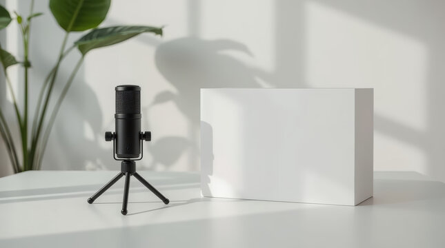Black microphone tripod beside white product box in sunlit studio with plant shadow