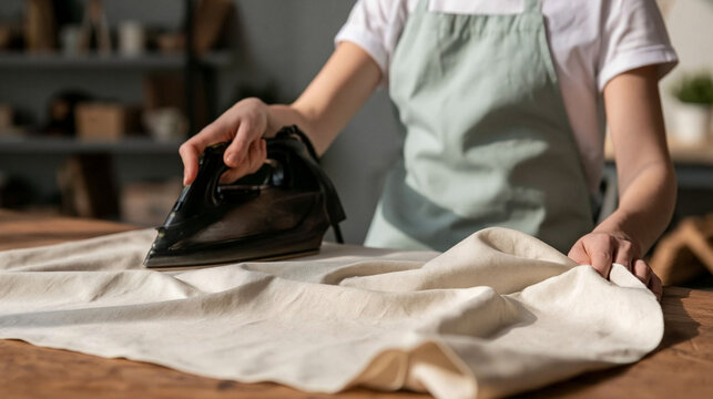 Woman ironing clothes. A woman in an apron irons a piece of fabric, demonstrating a common household chore.