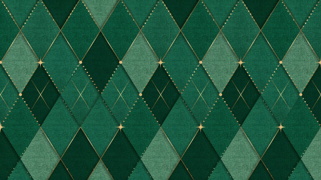 Elegant emerald green argyle pattern with shimmering gold accents and sophisticated textured diamond shapes for luxury background wallpaper design