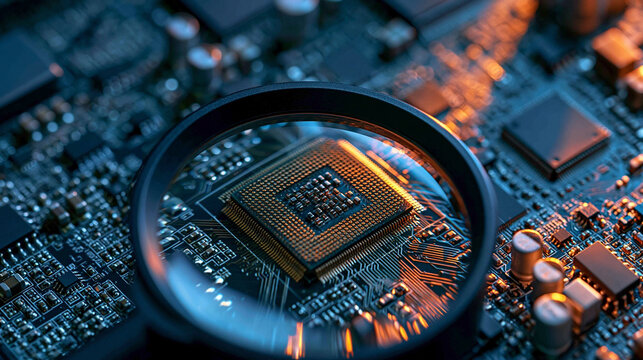 Magnifying the Microchip: A close-up view through a magnifying glass reveals the intricate details of a computer processor on a complex circuit board, highlighting the precision of modern technology.