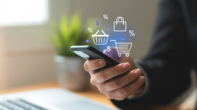 Person holding smartphone with glowing online shopping icons and currency symbols e-commerce mobile commerce