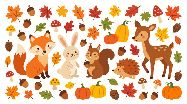 Cute woodland animals clipart set with bear fox deer squirrel rabbit raccoon hedgehog and autumn leaves vector illustration