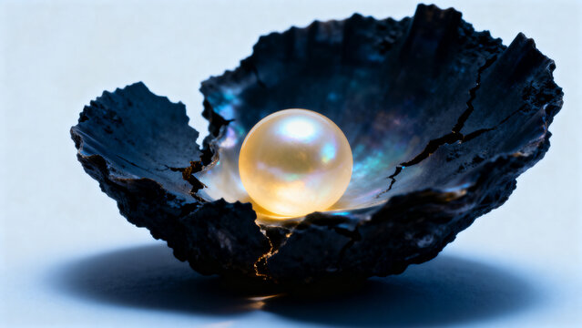 Lustrous white pearl inside a dark textured oyster shell on a soft blue background.